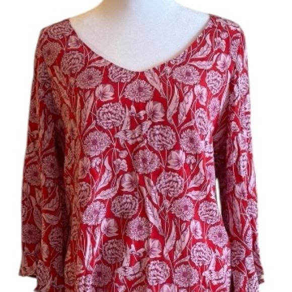 Ecru Red Floral Print Boho Blouse Top Women’s Size Small - Picture 2 of 7